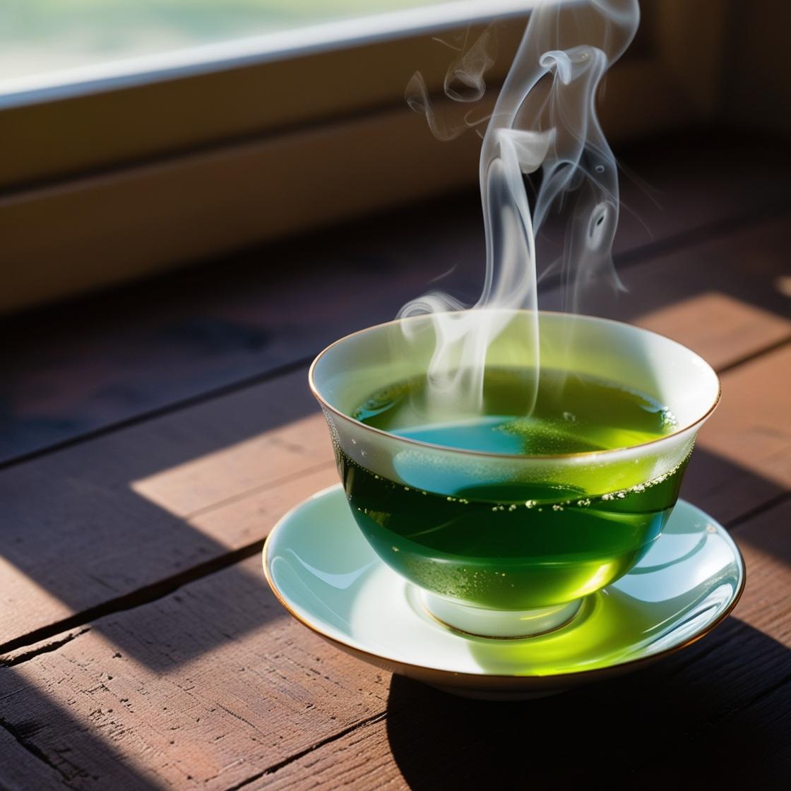 a cup of green liquid with steam coming out of it
