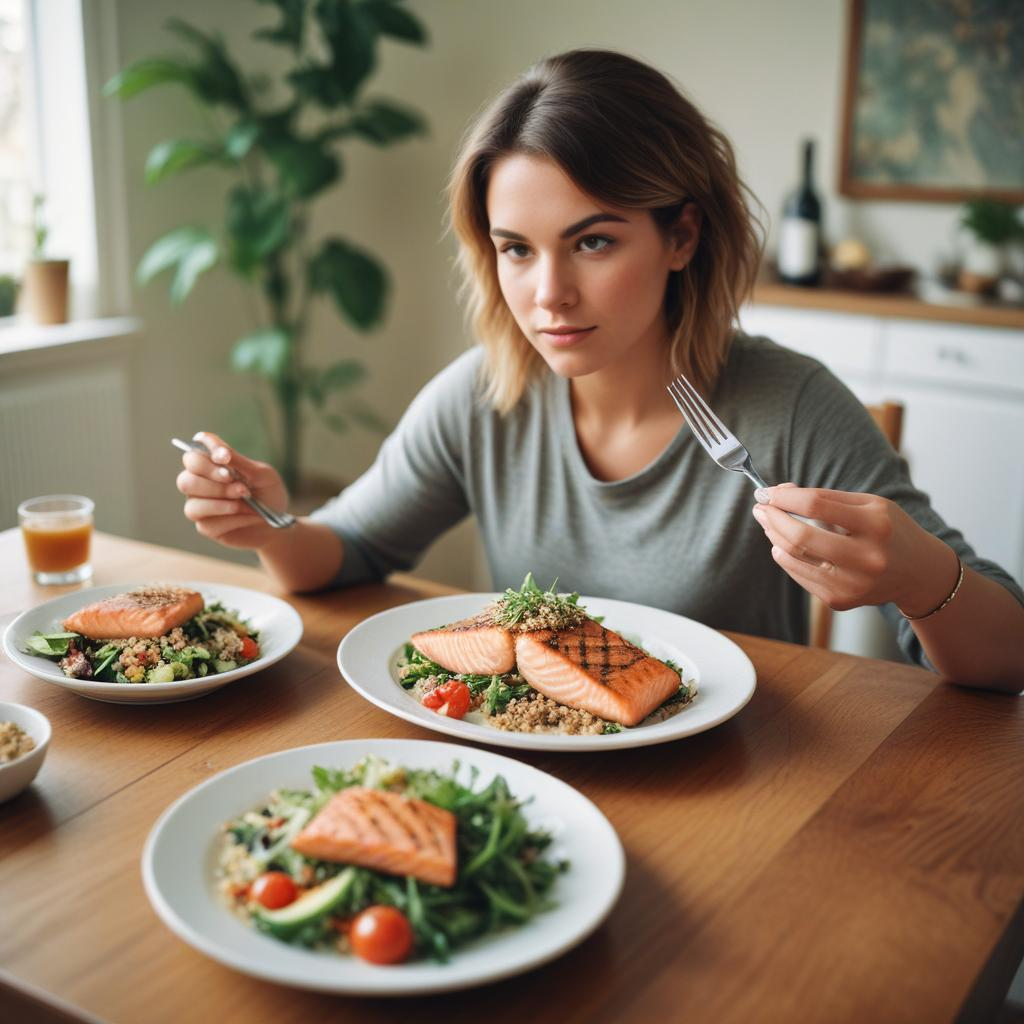 a woman sitting at a table with plates of food